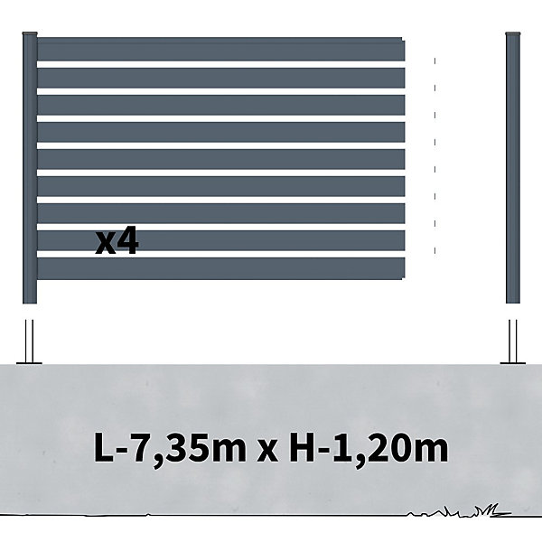 Kit Clôture Aluminium Ajourée sur Muret OLINDA Anthracite 7,38x1,2m - Lames ajourées 21x45x1780 mm - Brise Vue - Palissade