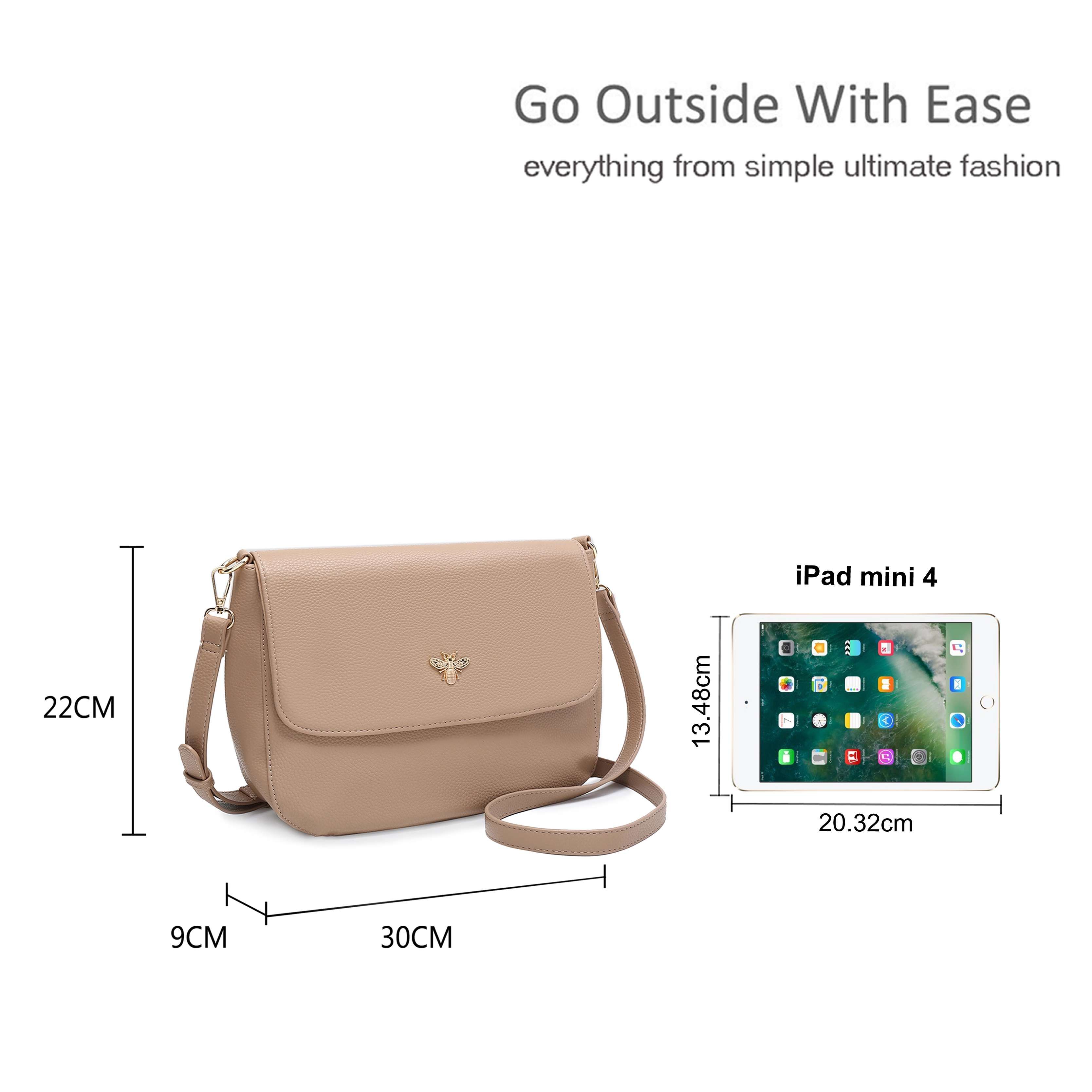 Kitise Bee Accent Flap Over Zip Closure Crossbody Bag With Detachable Strap