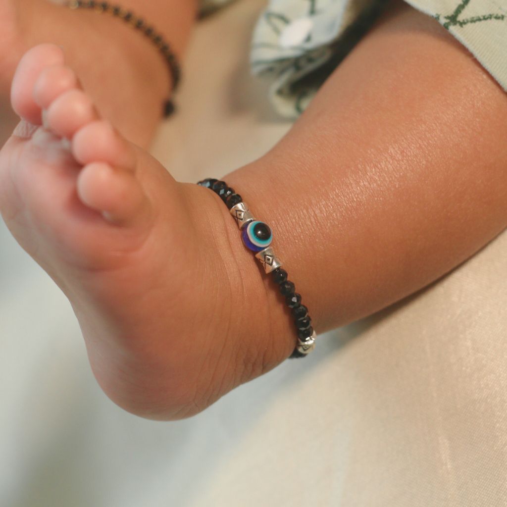 The Colourful Aura Silver Evil Eye Black Beaded Kids Indian Nazaria Bracelet