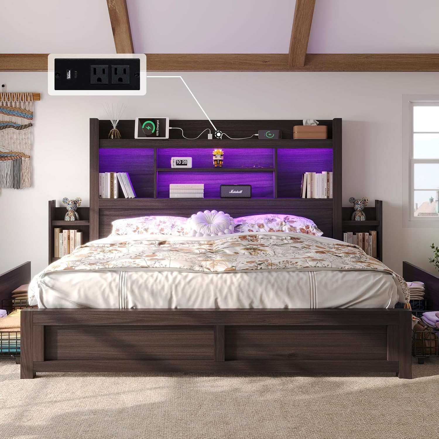 King Bed Frame with 49.6 Bookcase Headboard & 2 Bedside Stoage Racks & 4 Drawers, Farmhouse Wood Bed Frame with RGB LED & Charging Station, No Box Spring Needed, Black