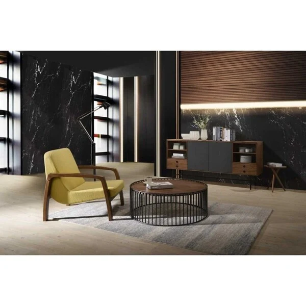 Carbon Loft Calacino Modern Walnut and Black Round Coffee Table