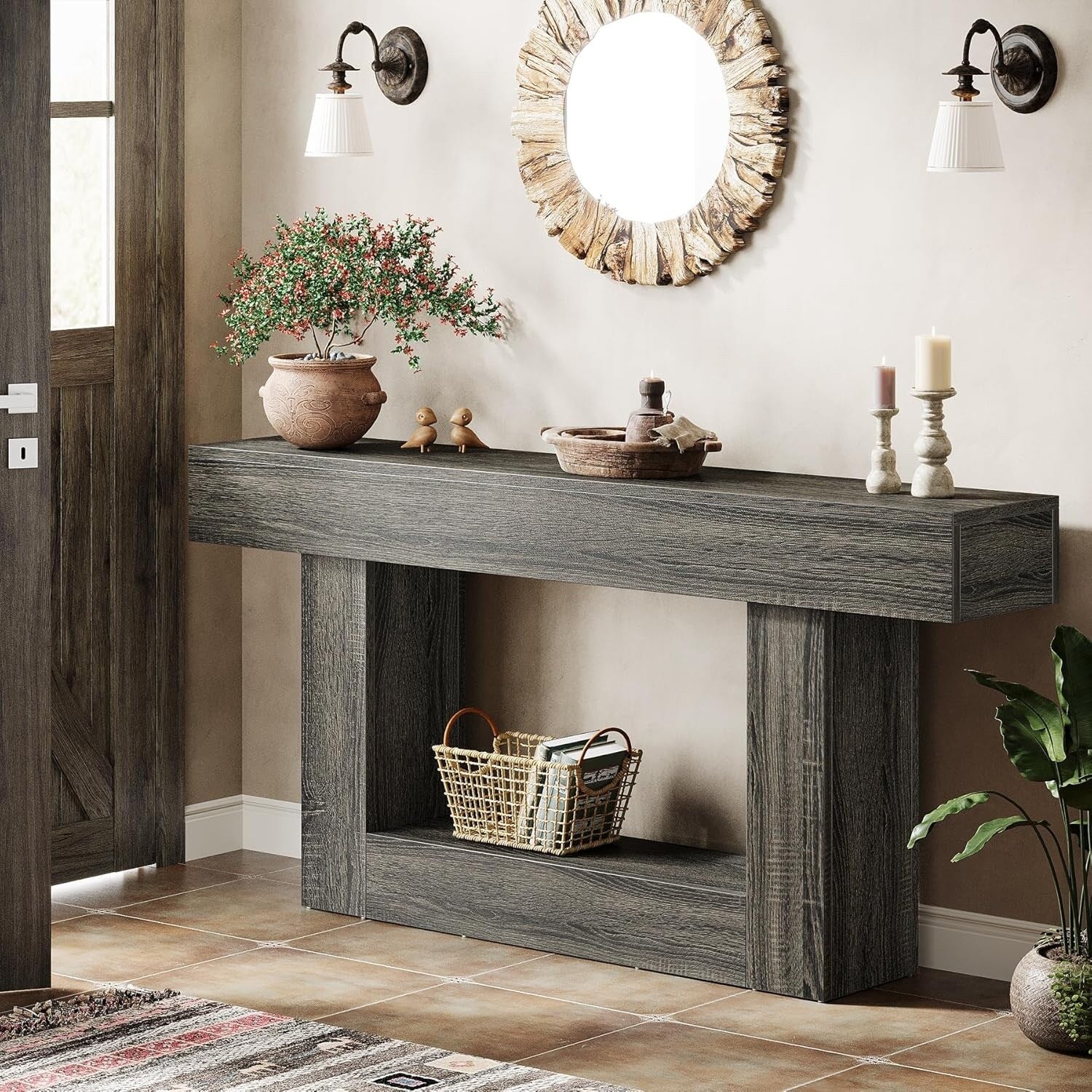 Farmhouse 2 Tiers Entryway Table, 63 Inches Console Table, Narrow Sofa Table