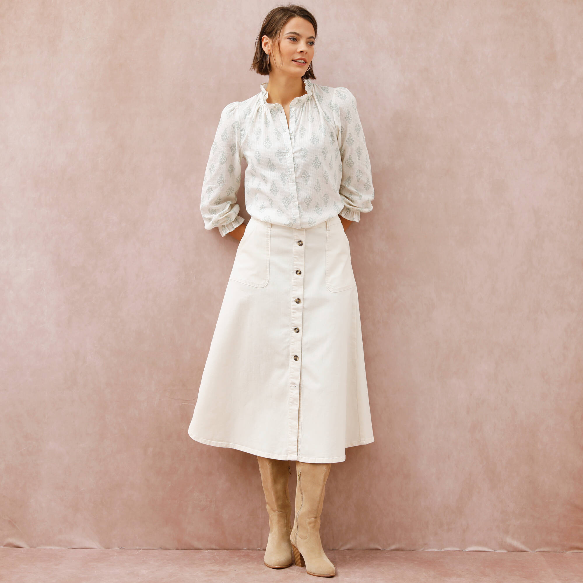 Jupe longue évasée boutonnée devant, twill stretch