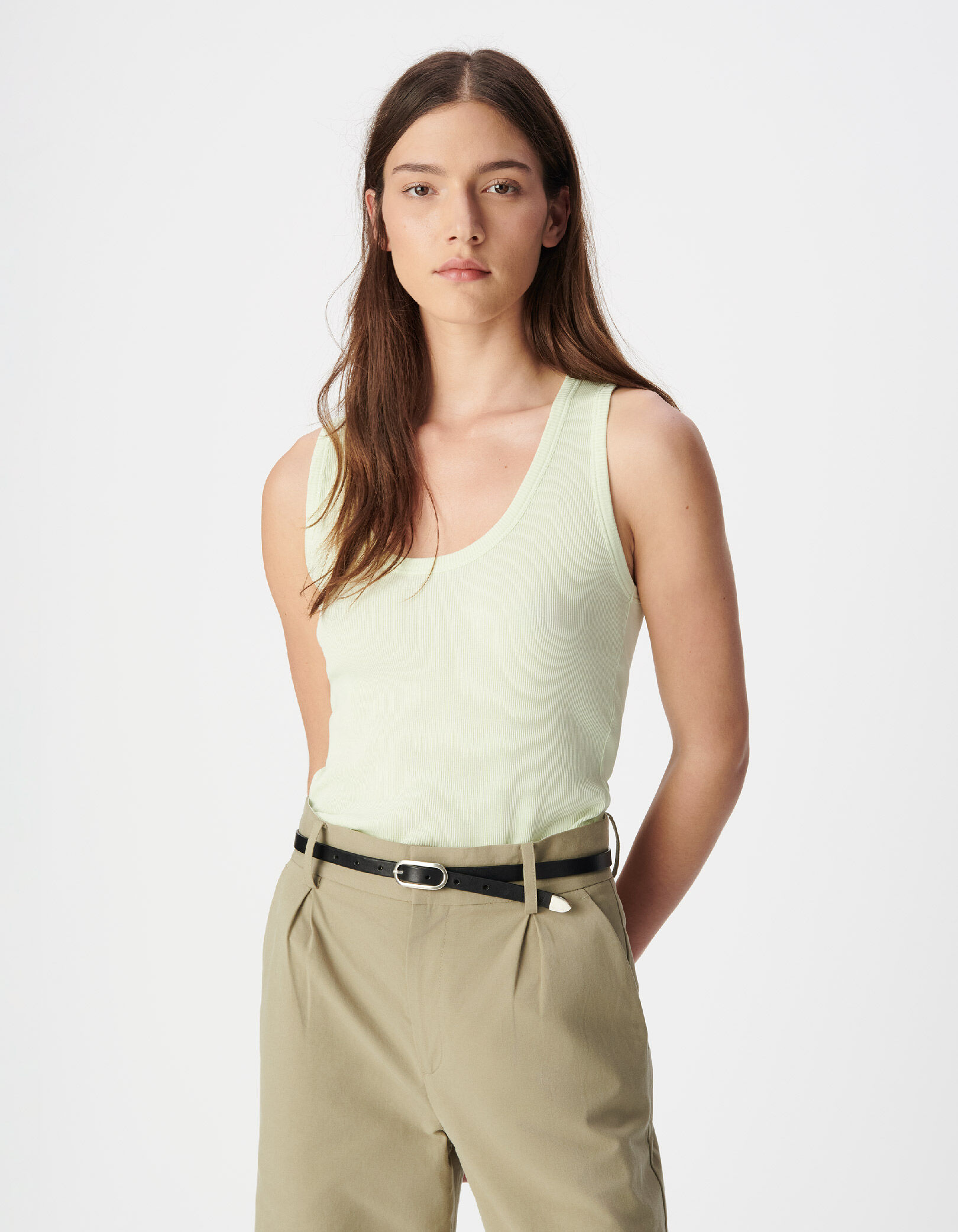Débardeur vert côtelé broderie chevrons Femme
