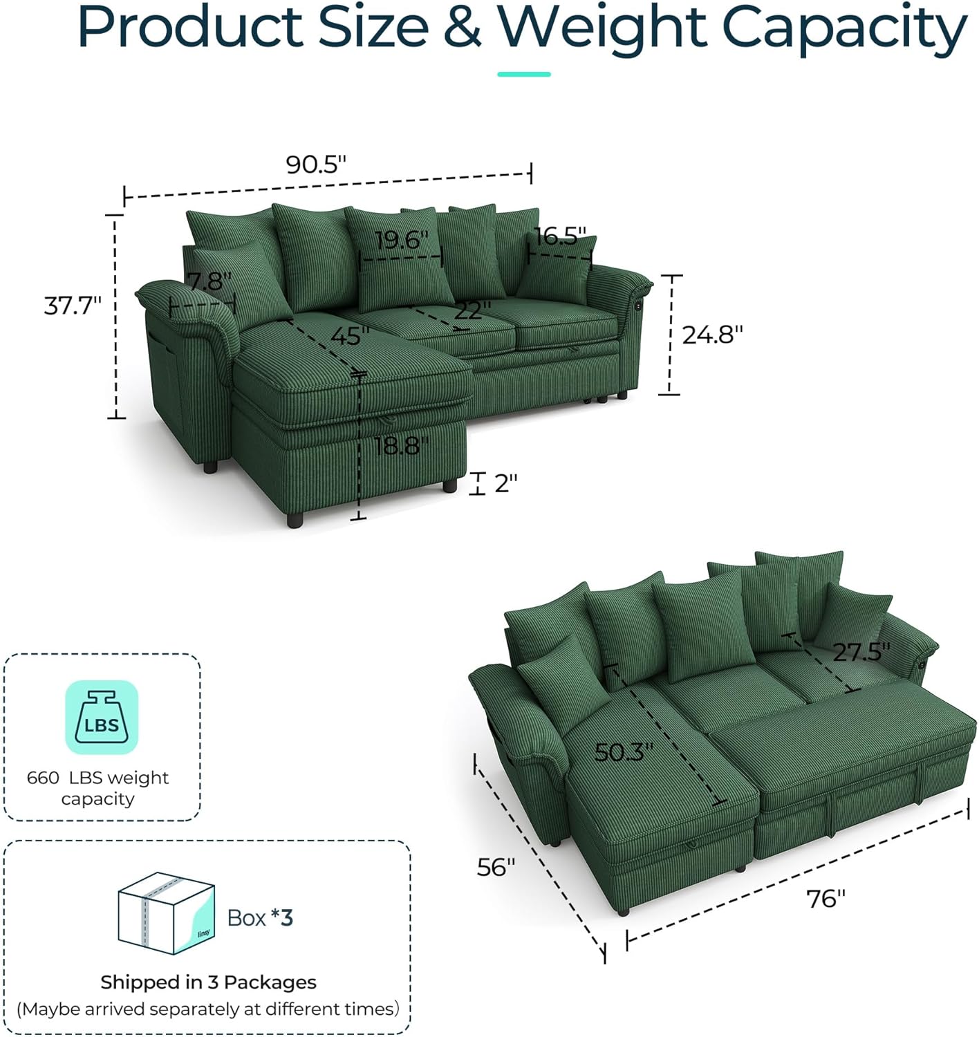 LINSY HOME 90.5'' Sectional Sleeper Sofa with Pull Out Couch Bed Modular (Green, 90.5'') | USB Charging, Pillow-style Armrest, Multiple Cushions, Storage Chaise, Corduroy Fabric