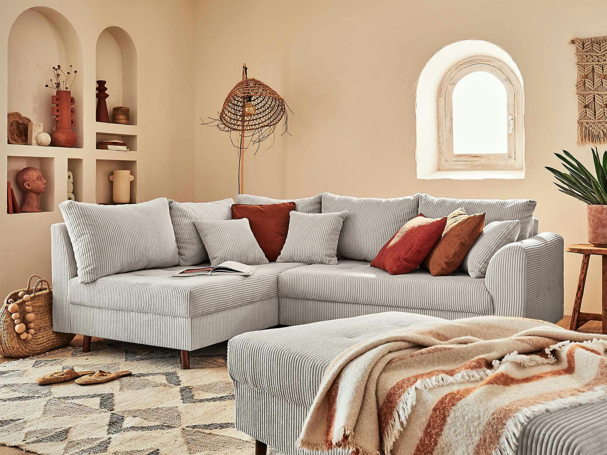 RUNE - Canapé d'angle gauche convertible 4 places en velours côtelé gris