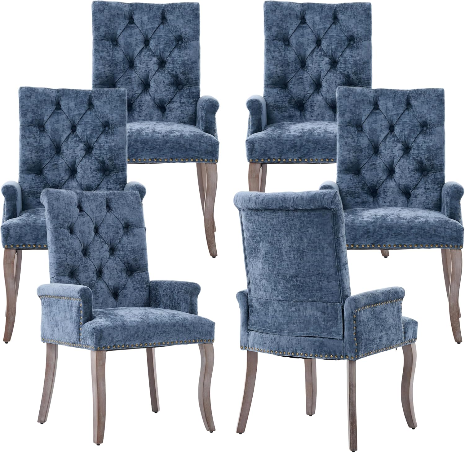 Upholstered Tufted Chenille Dining Chairs with Arms & Nailhead Trim – Solid Wood Frame & Legs, Modern Farmhouse for Dining, Kitchen & Living Room (Set of 6, Blue)