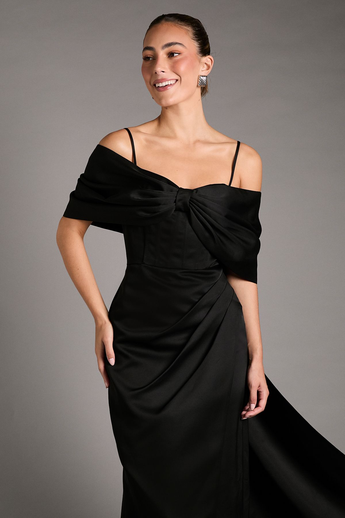 Coast Bardot Satin Dress With Bow Back Detail