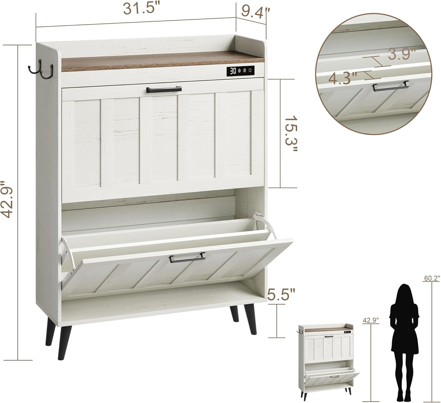 ChooChoo Shoe Storage Cabinet with 2 Flip Drawers, Deodorizing Shoe Organizer Storage for Entryway, Freestanding Hidden Slim Narrow Shoe Rack Cabinet, Antique White & Brown