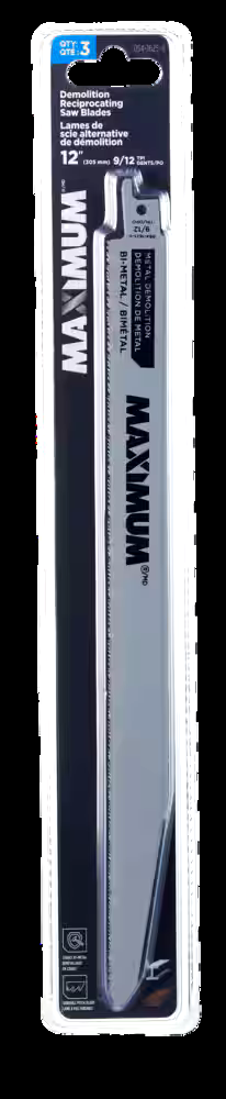 MAXIMUM 12-in 9/12T Bi-Metal Demolition Reciprocating Saw Blades with Reusable Case, for Wood, Metal, Drywall, 3-pk