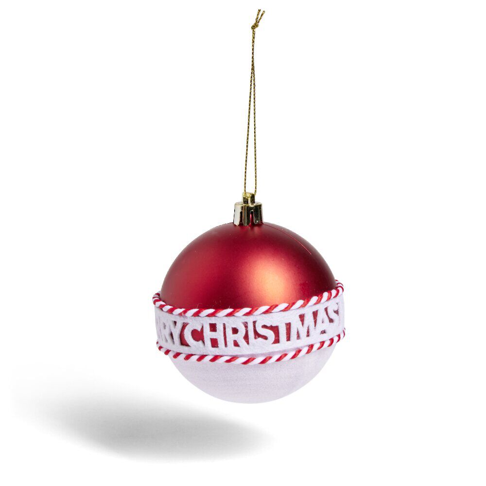 Boule de No&euml;l Merry Xmas rouge et blanche Ø8cm