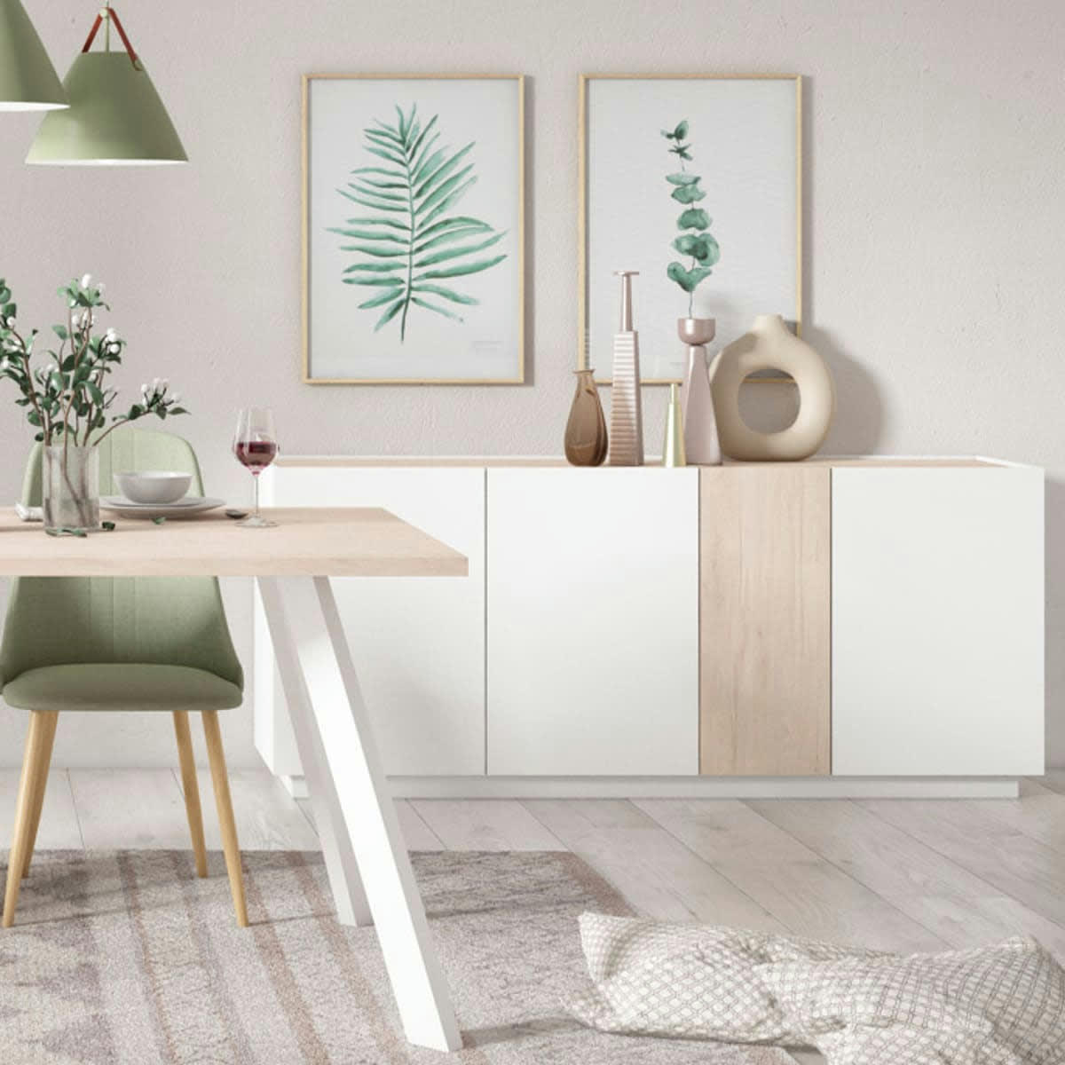 JOSIE - Buffet haut 2 portes blanc et effet bois 90 cm