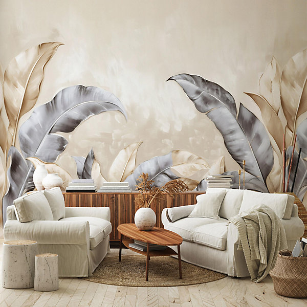 Papier Peint Panoramique Intissé Feuilles Beige 250x175 cm - Colle Inclus - Moderne XXL Papier Peint por Chambre Salon