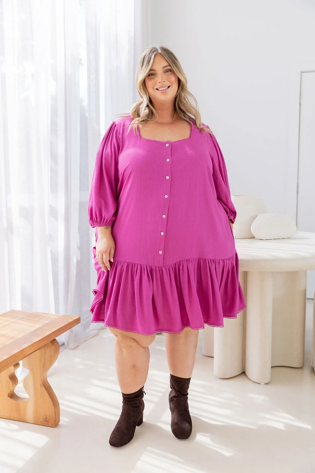 Kira Linen Blend Dress in Fuchsia