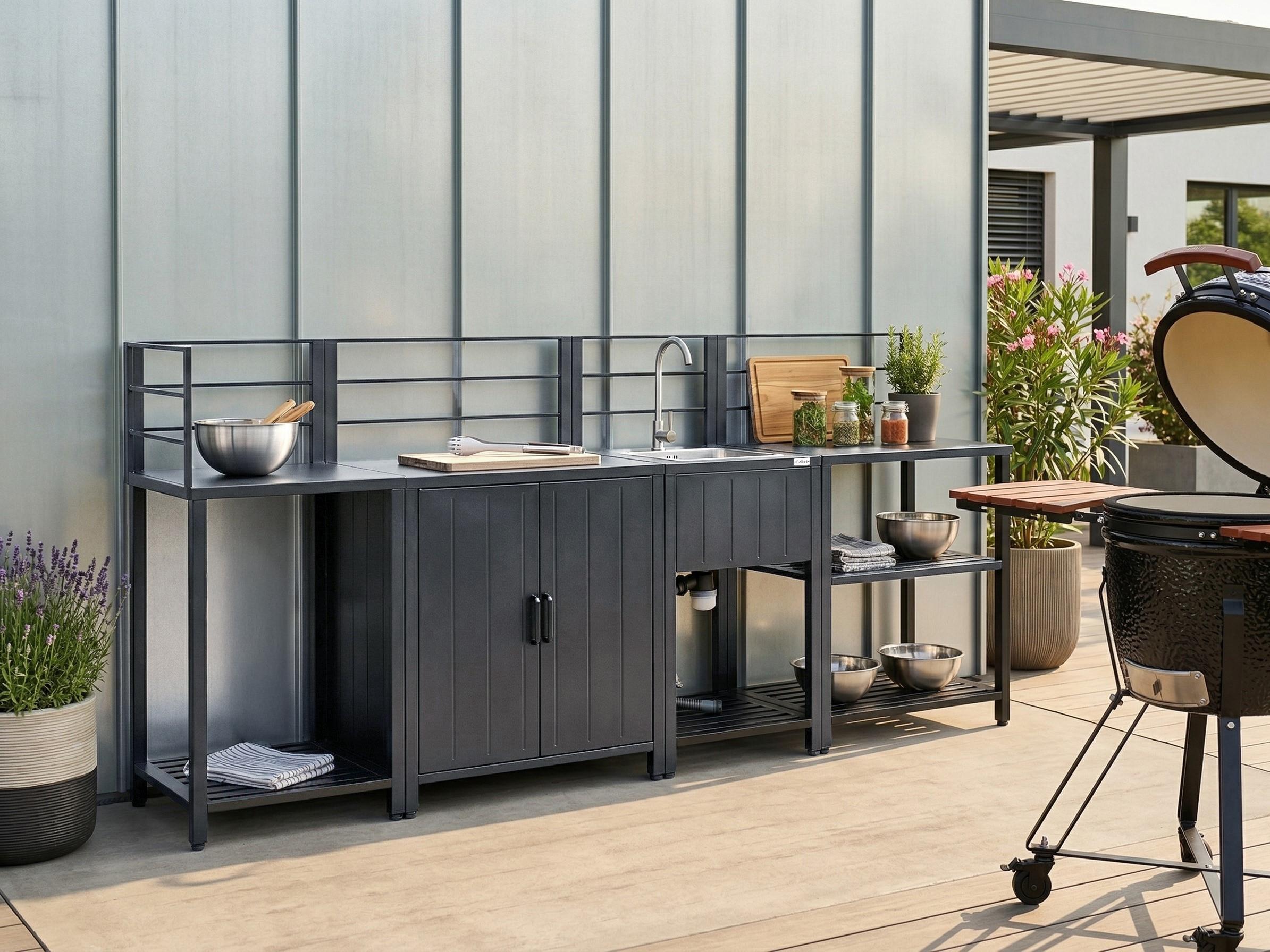 4 Piece Outdoor Kitchen Set with Sink VIGGIANO Metal Graphite Grey
