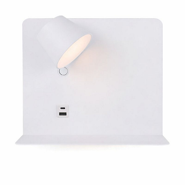 Applique murale orientable LED 6W avec USB et Type-C, CCT 2700,4000,6000K, interrupteur et plateau, métal blanc, spot gauche