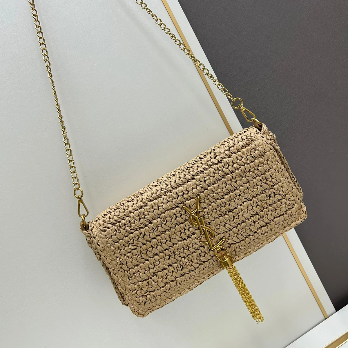 Saint Laurent Kate 99 Shoulder Bag Dark Nude Raffia