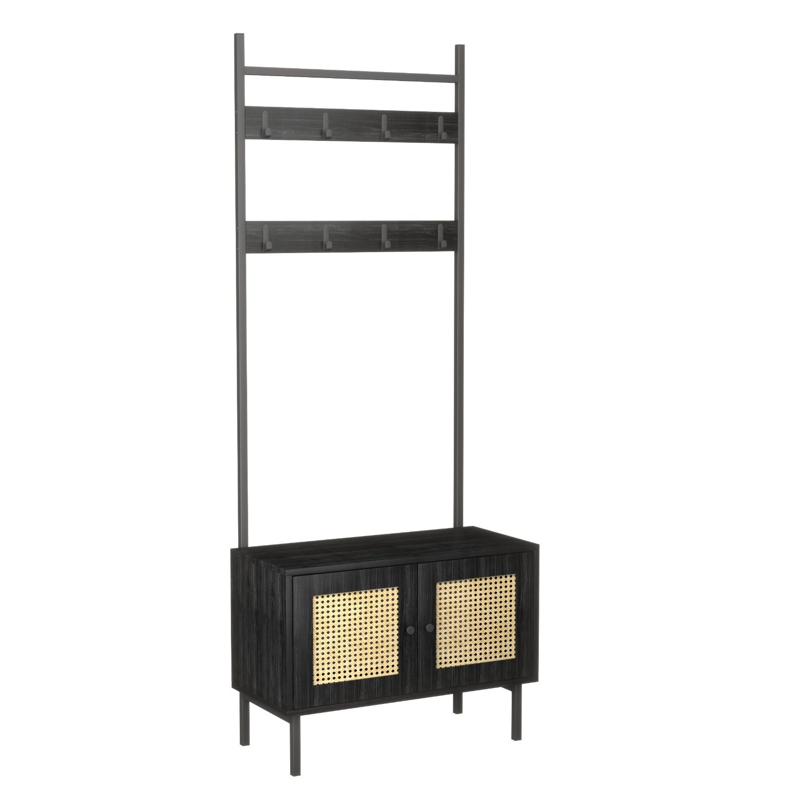 Furnilux Kapstok Ambon – Met Opbergkast & Haken – Zwart met Rattan – 70x32x175 cm – Industriële Halmeubel