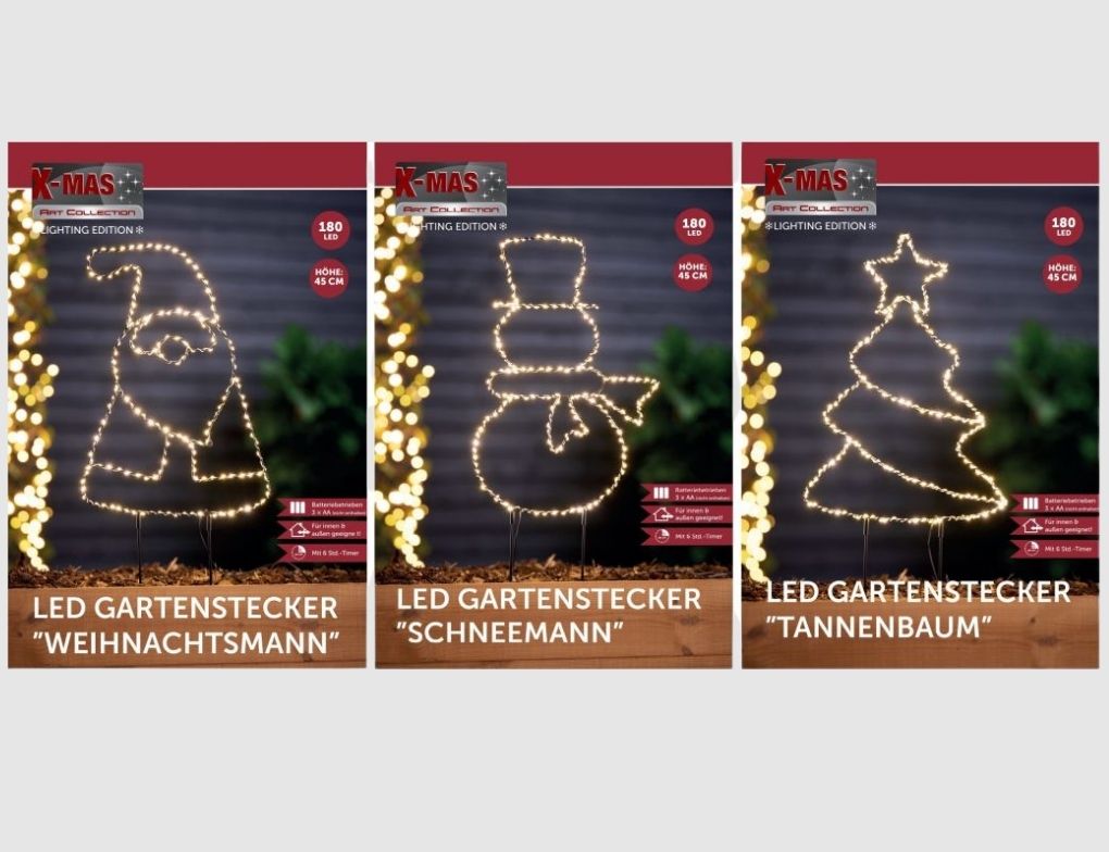 LED Gartenstecker Tannenbaum, Schneemann oder Weihnachtsmann Schwarz