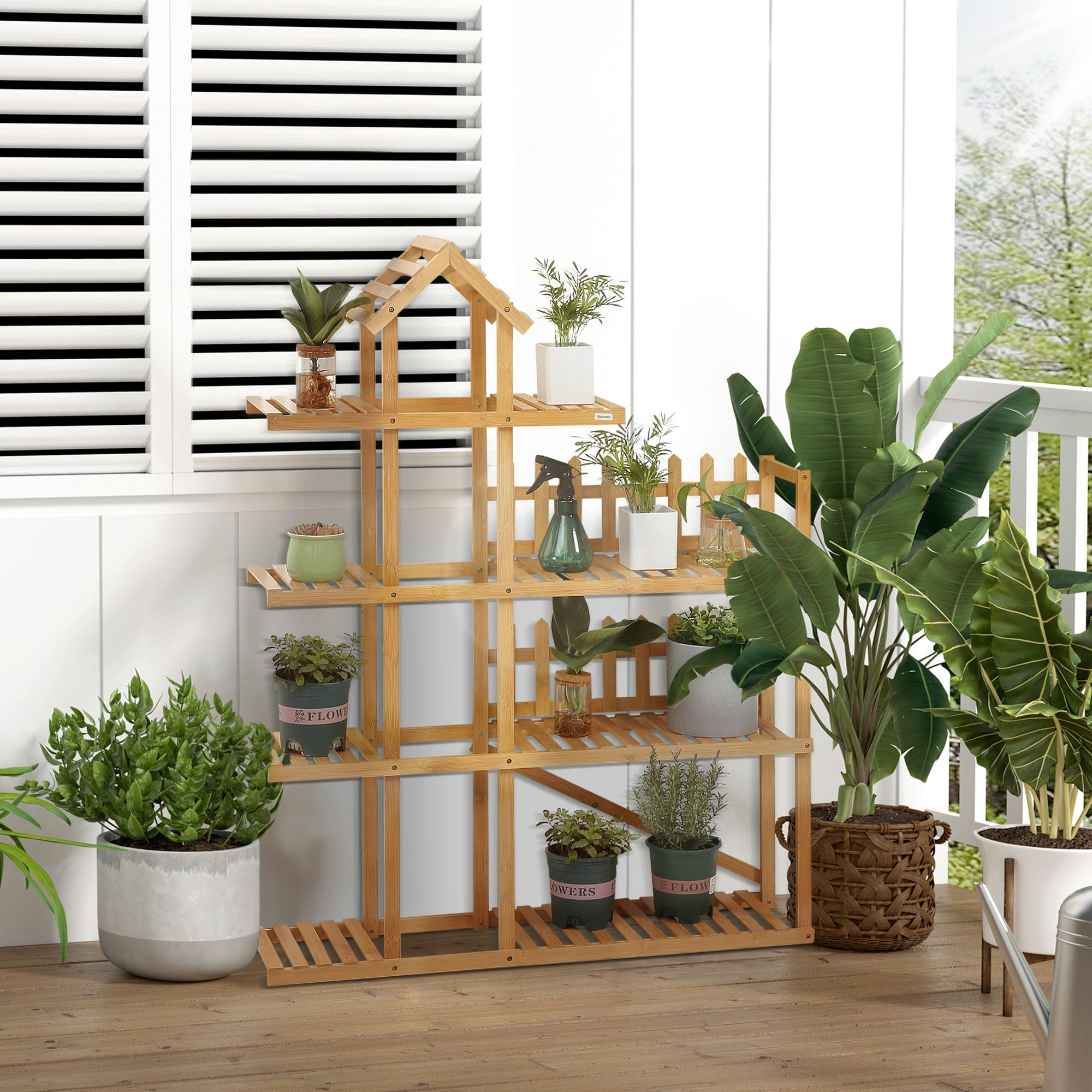 - Étagère à fleurs 8 tablettes petites barrières toit bois bambou