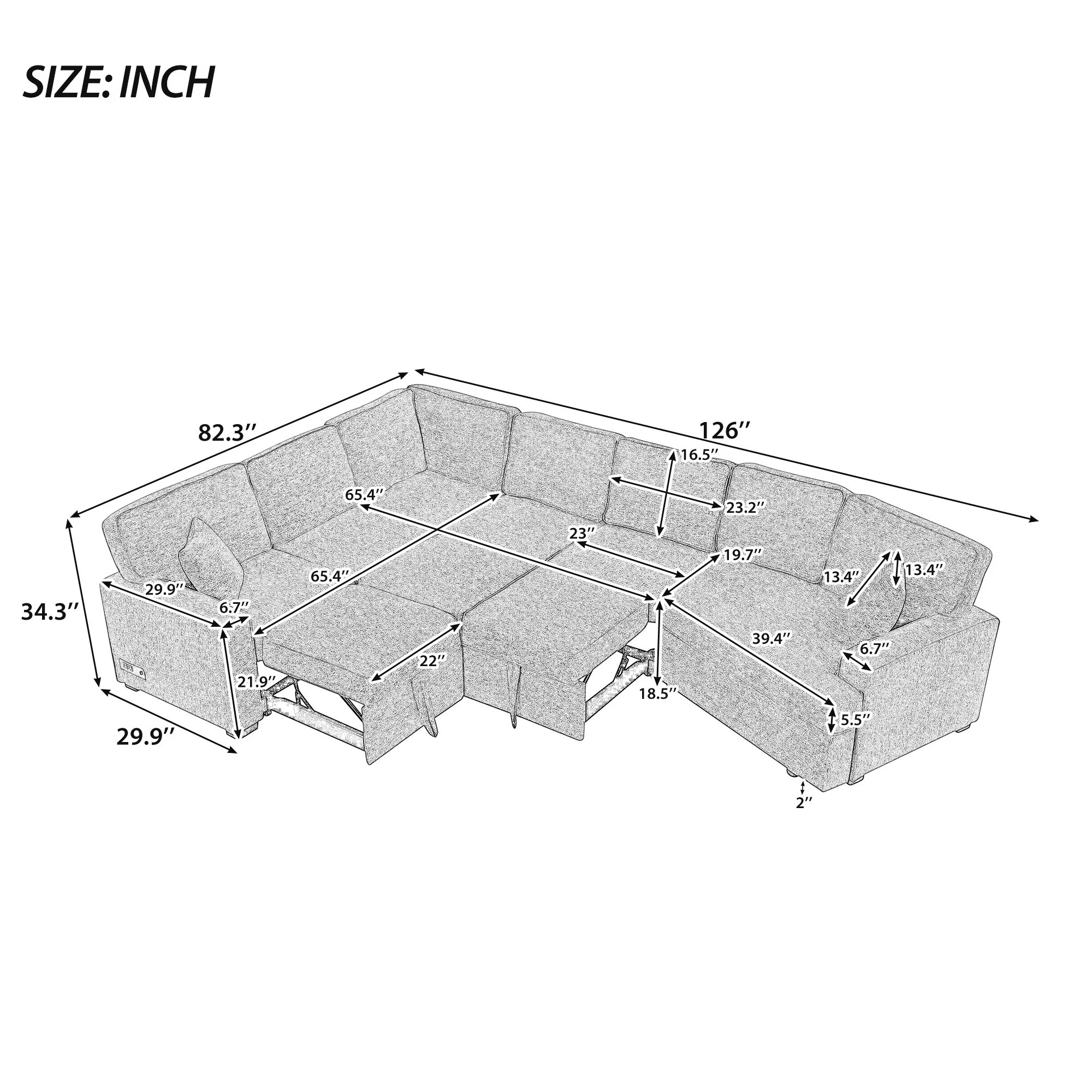 Black 126 L-Shaped 6-Seat Sectional Sofa with Pull-Out Bed, USB Charging Ports, and Drop-Down Cup Holder Tables