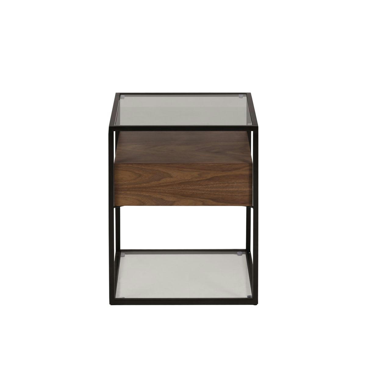 HELIX - Bout de canapé en métal verre et plaquage noyer 1 tiroir