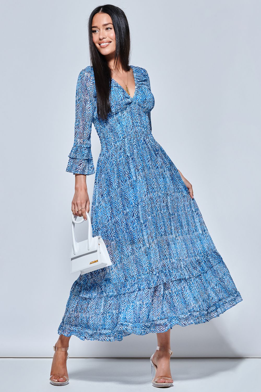 Jolie Moi V Neck Shirred Chiffon Maxi Dress