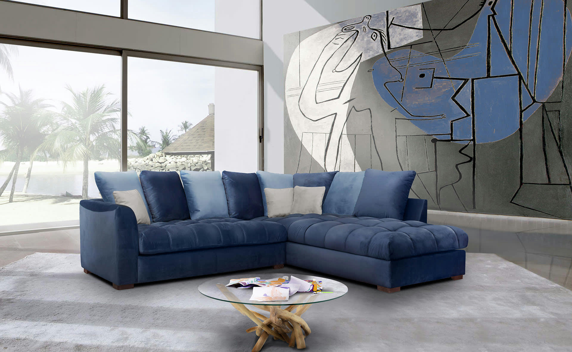 BARDI - Canapé d'angle droit 5 places tissu bleu foncé