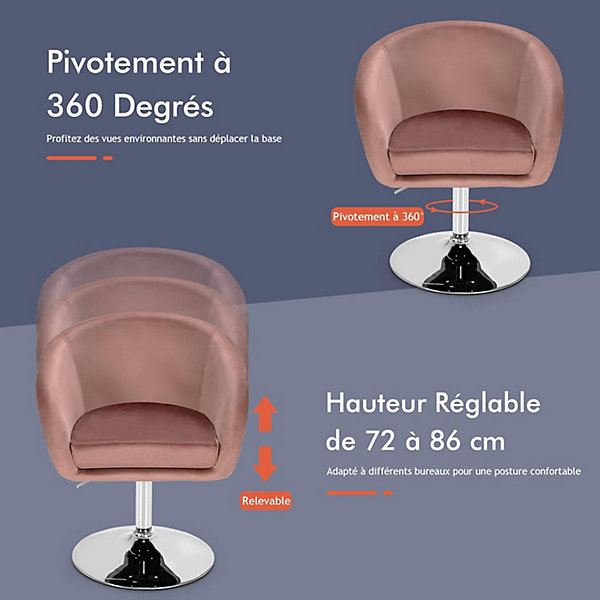 Chaise de Coiffeuse en Velours Tabouret de Bar Réglable en Hauteur 13CM avec Dossier Rond Base en Métal Rose
