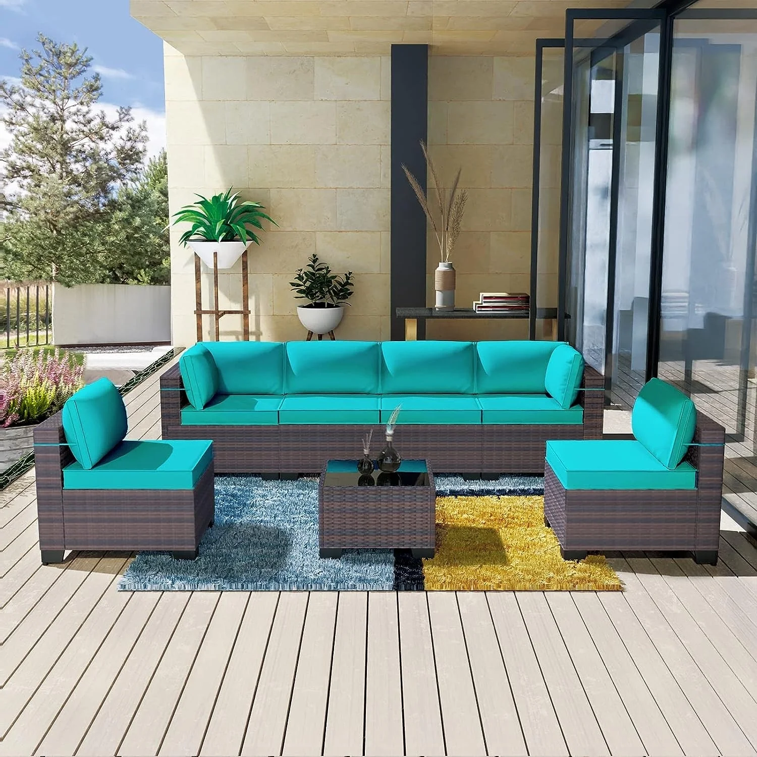 Kullavik 7 Pieces Outdoor Sectional Sofa Set Brown Wicker Patio Conversation Set with Seat Cushions and Tempered Glass Table