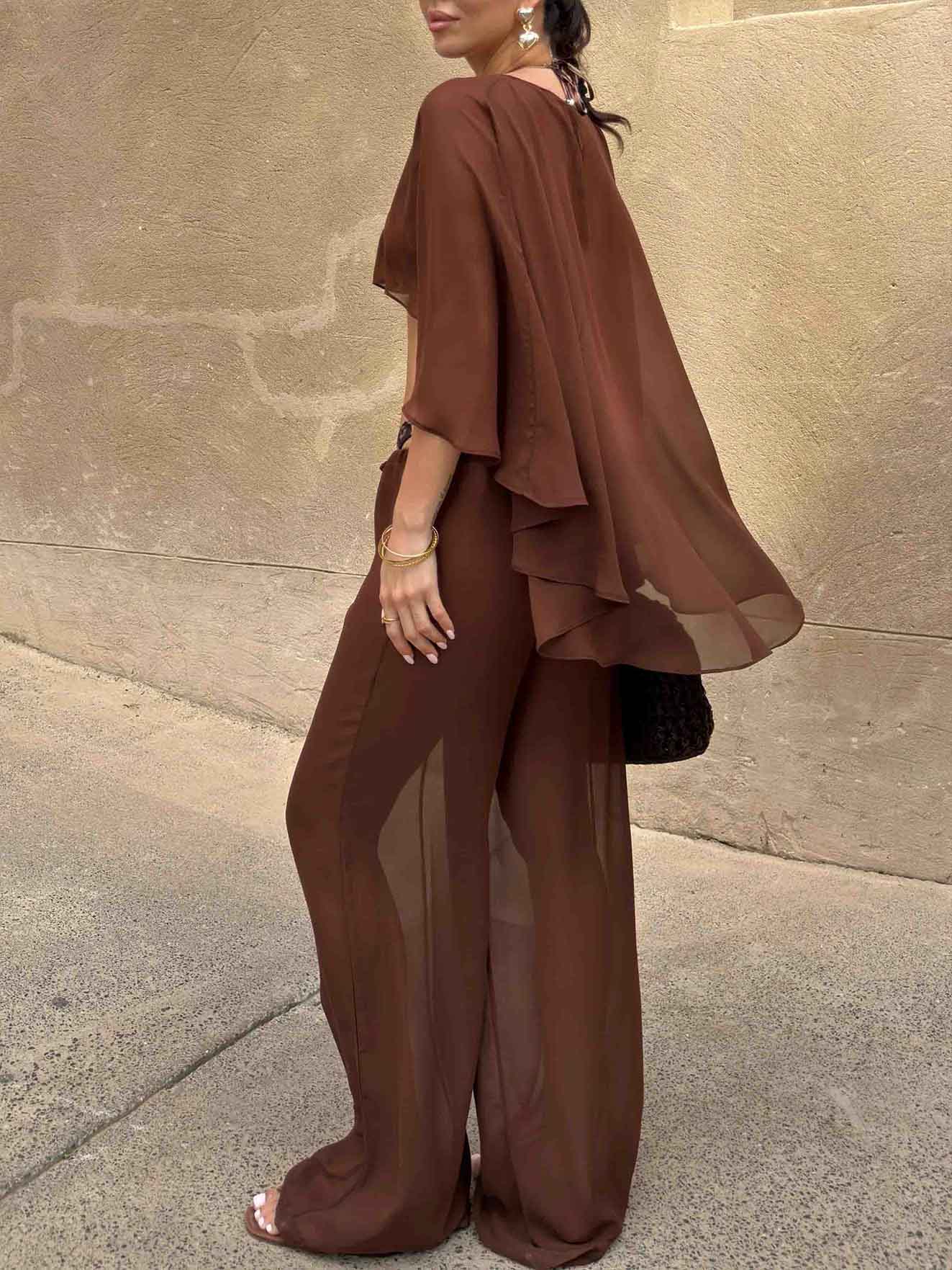 Elegant Sheer Cape Sleeve Crop Top & Wide-Leg Pants Beach Two-Piece Set
