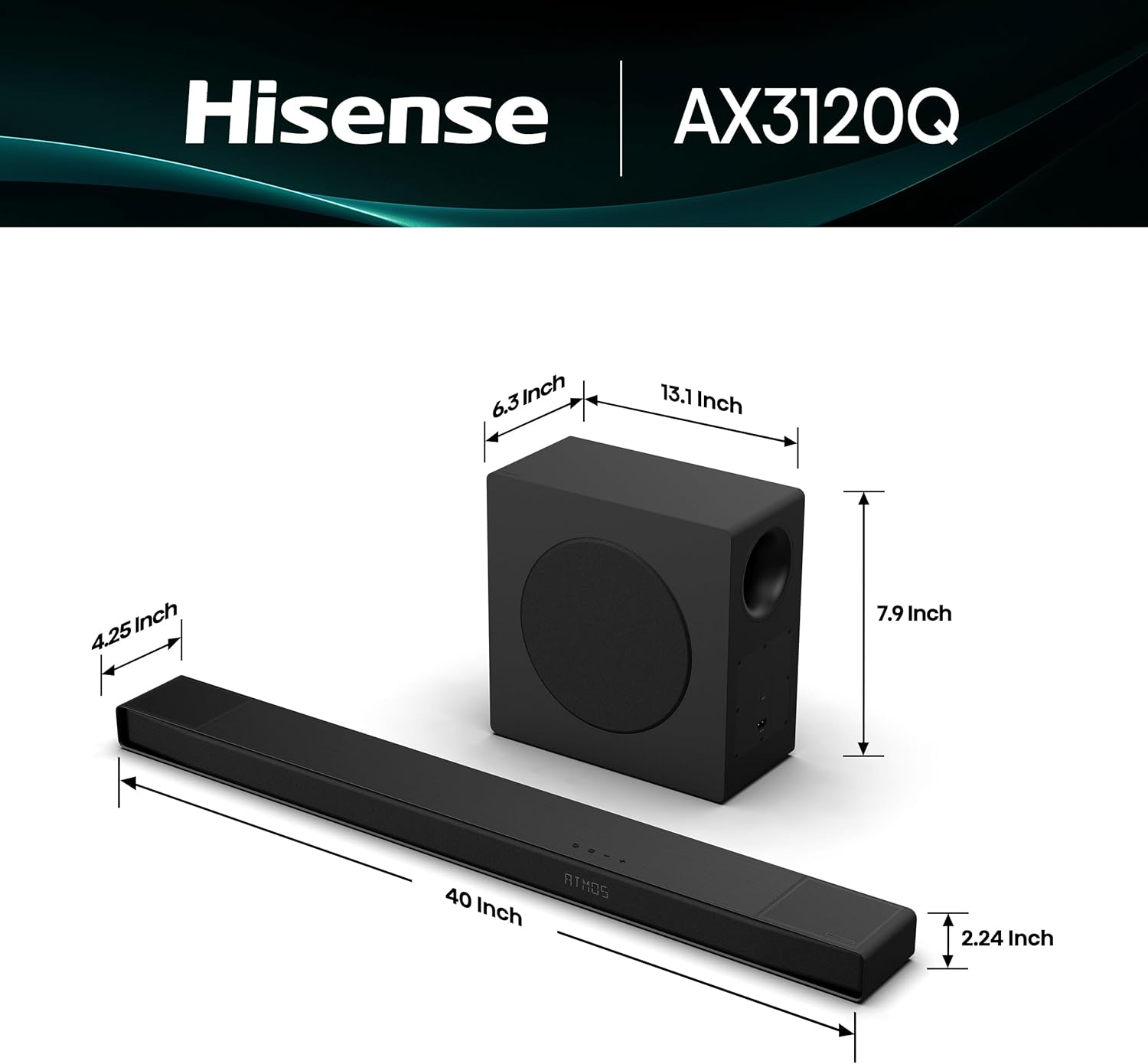 Hisense AX3120Q 3.1.2Ch Sound Bar with Wireless Subwoofer  Dolby Atmos  DTS:X  Bluetooth 5.3  Roku TV Ready  HDMI/AUX/ARC/Optical/USB  EzPlay 3.0  7 EQ Modes  Hi Concerto  Black