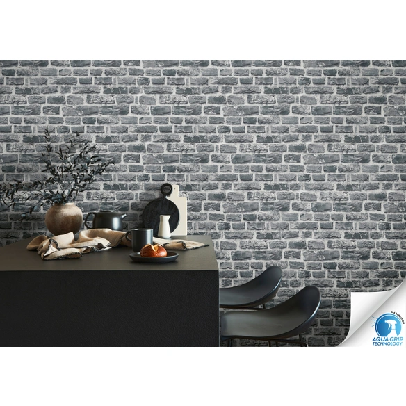 Vliestapete, 0,53x10,05 m, Backstein schwarz-grau