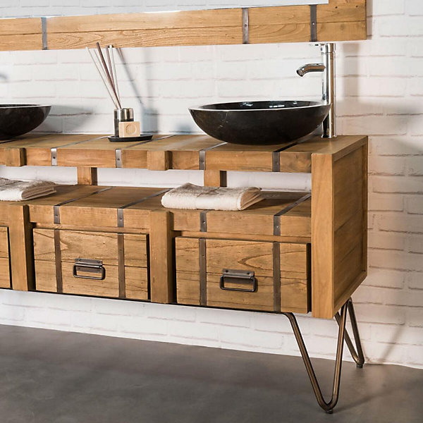 Meuble double vasque en mindi et acier 160 Loft naturel