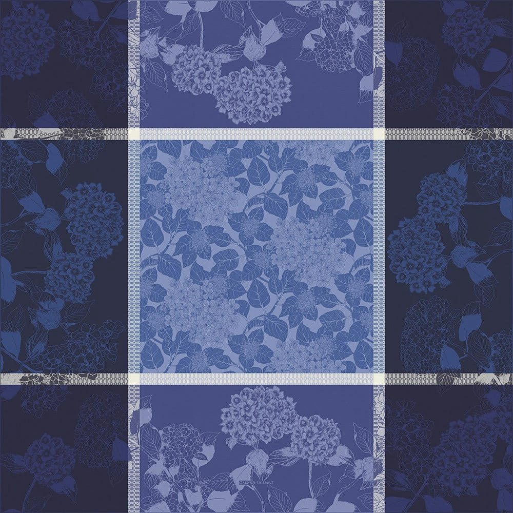 HORTENSIAS BLEU - Nappe carrée antitache déperlant pur coton bio bleu 175x175 cm