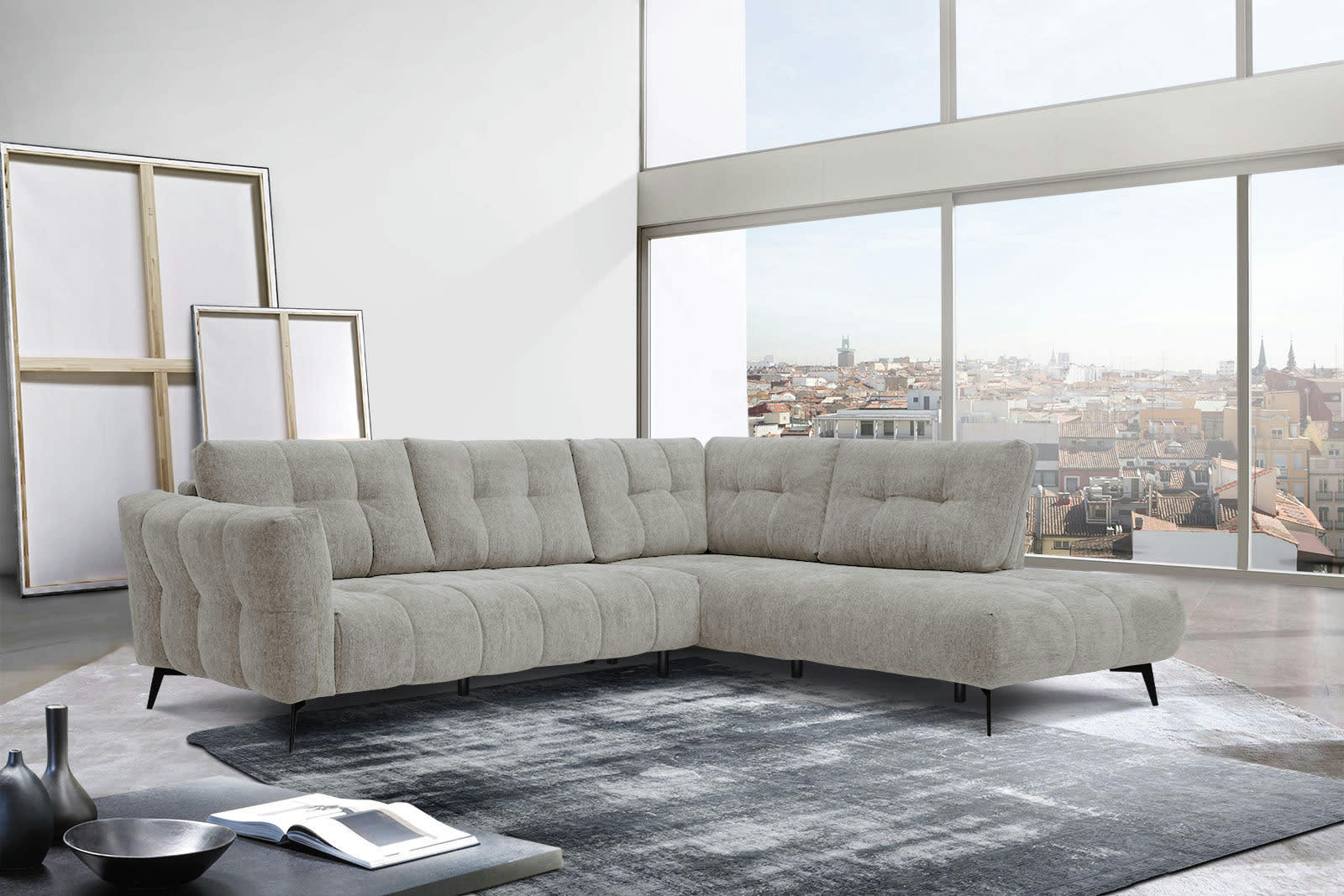 KALMER - Canapé d'angle droit 5 places tissu beige foncé