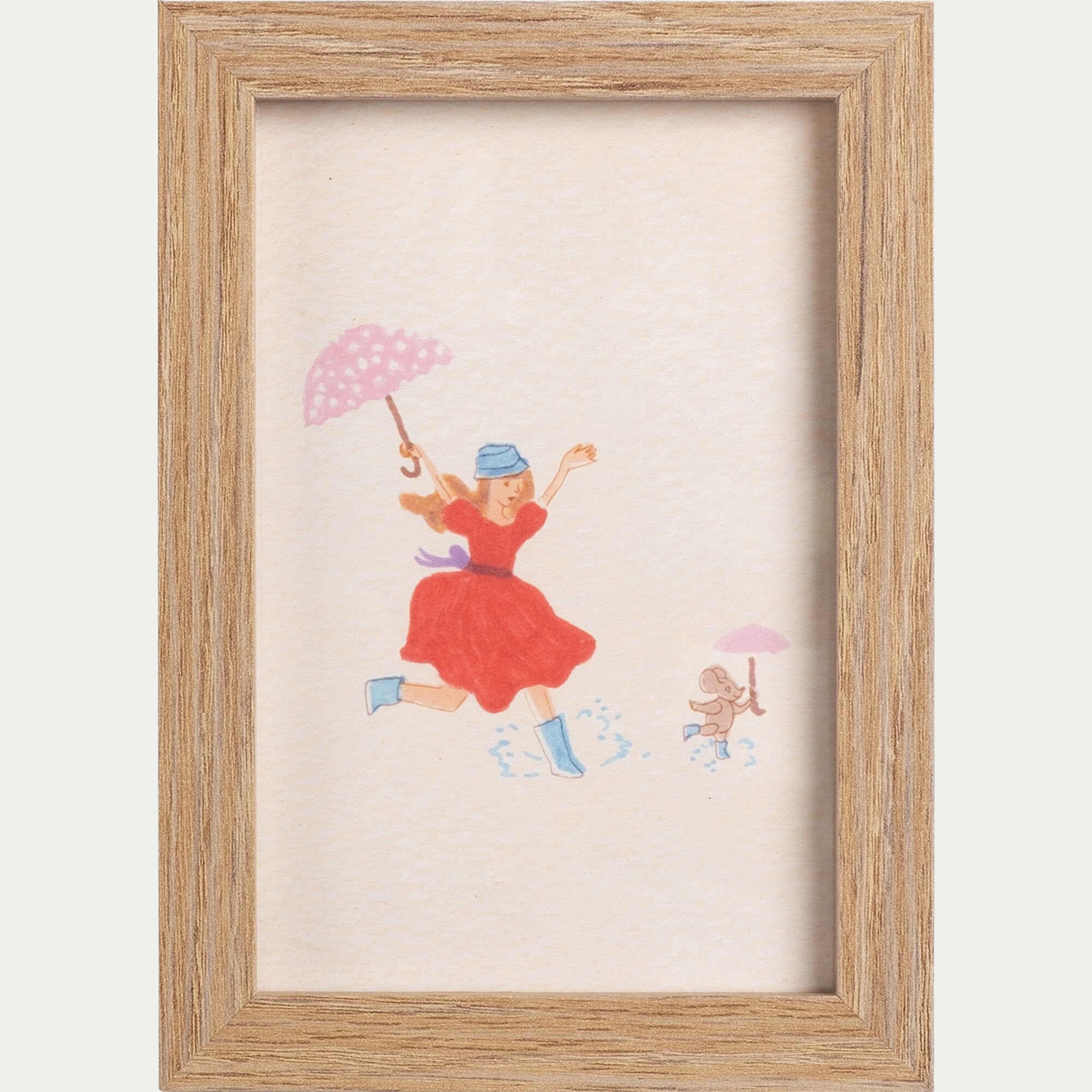 SARAH - Illustration encadrée motif Sarah en robe rouge 12x17cm - bois clair