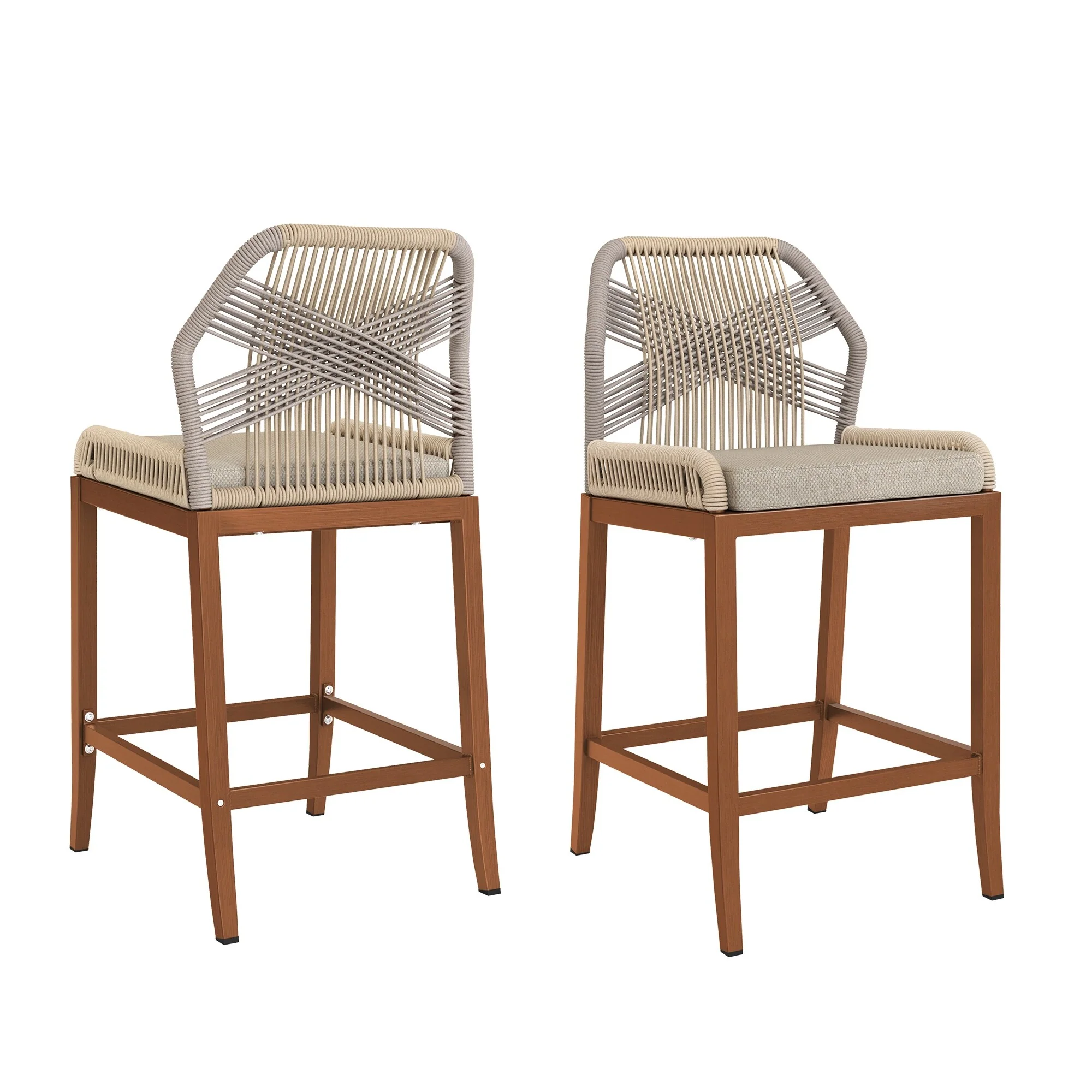 2 Set Modern Aluminum Twill Wicker Woven Outdoor Bar Stool Chair Set, Counter Height Stool with Back and Cushion - 40.6H
