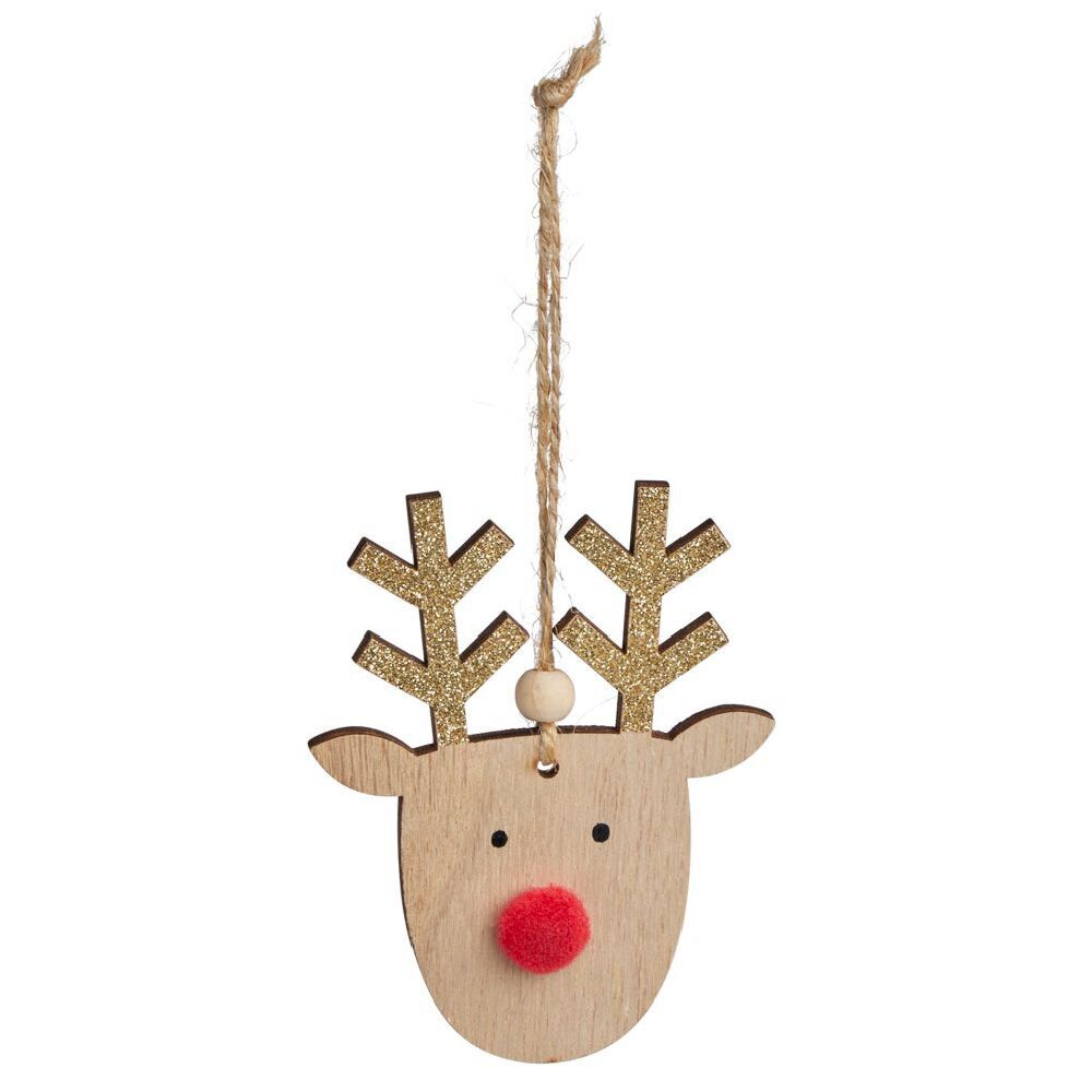 Déocration No&euml;l à suspendre tête plate renne en bois H10cm