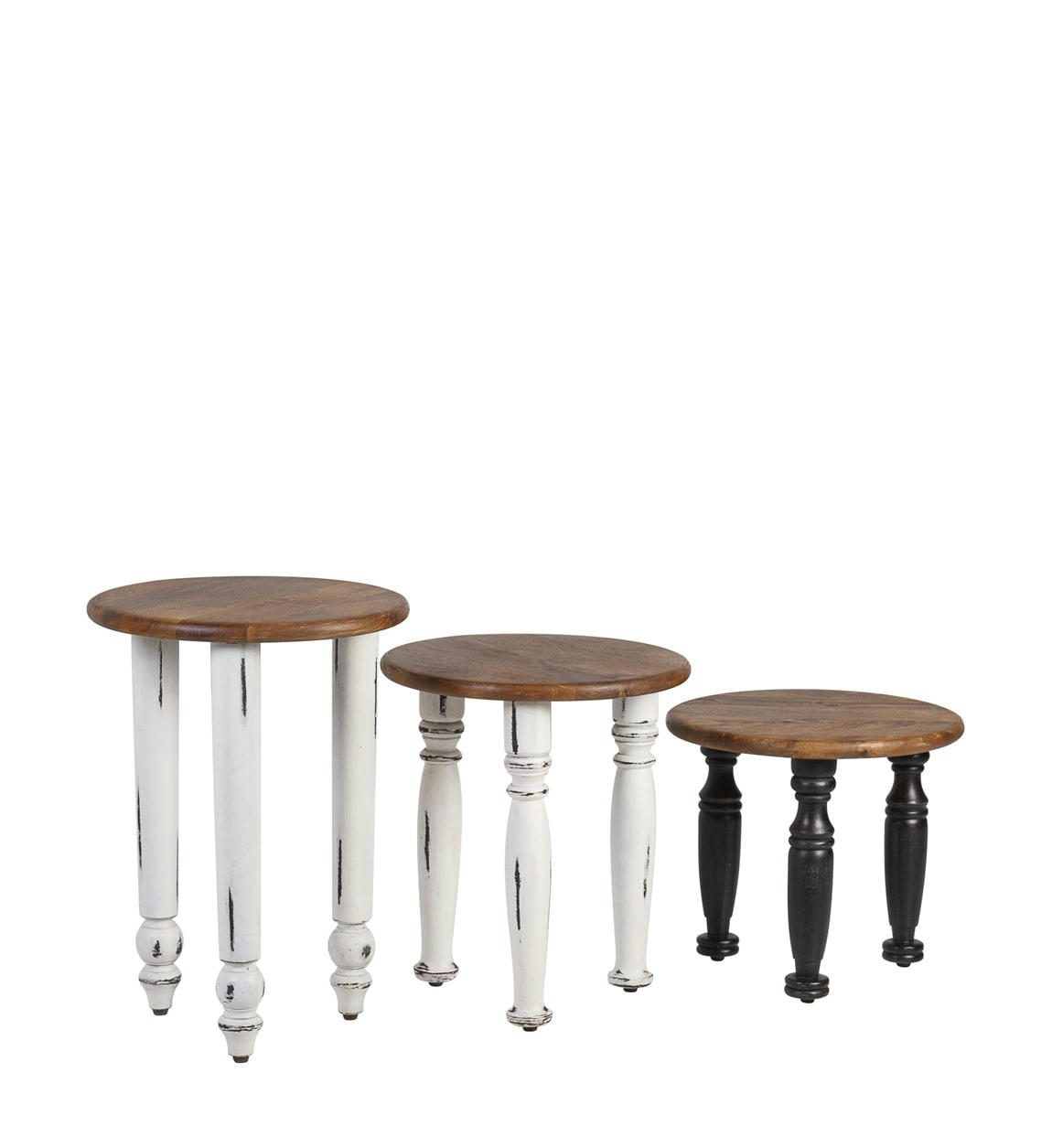 FLORENCIA - Set de 3 tables en bois marron, blanc et noir diamètre 40 cm