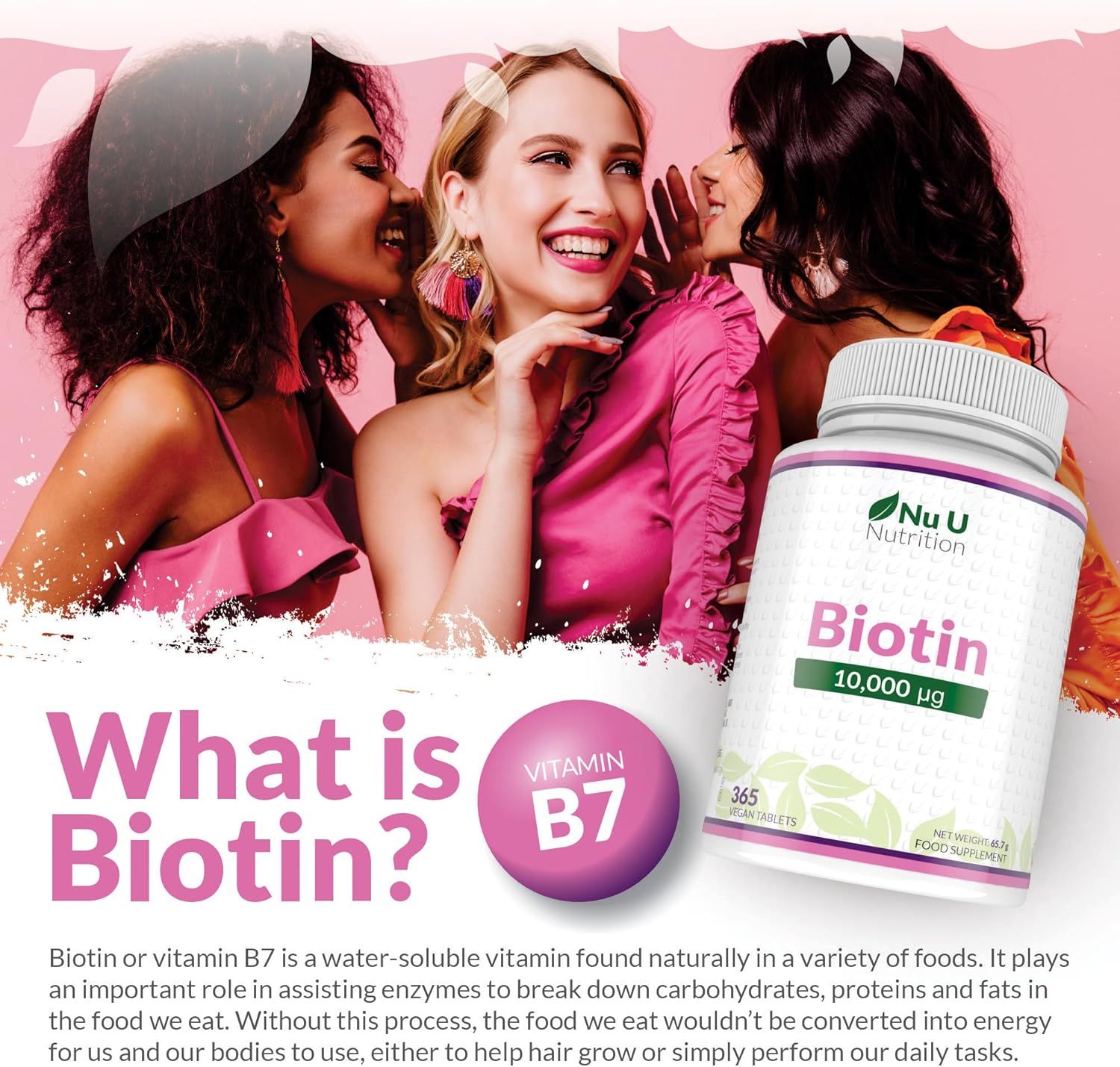 Nu U Nutrition Biotin 10,000mcg – Hair, Skin & Nails Support, 365 Tablets