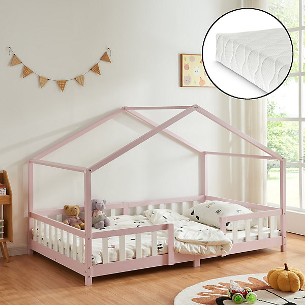 Lit cabane Treviolo avec matelas à mousse froid 200 x 140 cm rose / blanc en.casa