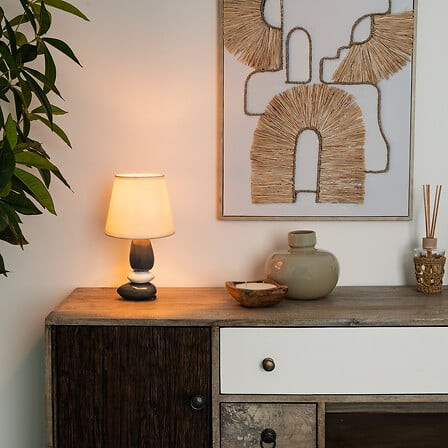 LAMPA Luis CERAMICZNA granatowo-biała BAWEŁNIANY KLOSZ