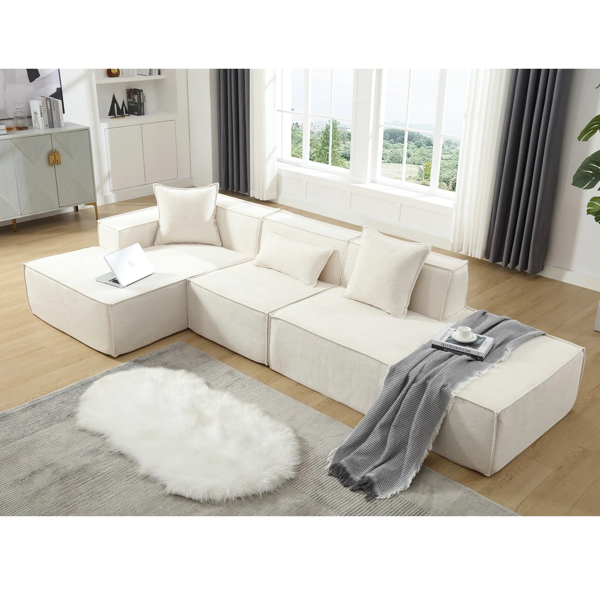 Beige 129.5'' Minimalist Modular L-Shaped 4-Seat Sofa Set with Chaise