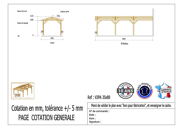 Carport adossé deux pentes 350cmx1150cm bois DOUGLAS Français (Charpente en bois-auvent-abri voiture) 41m². Garantie 10 ans