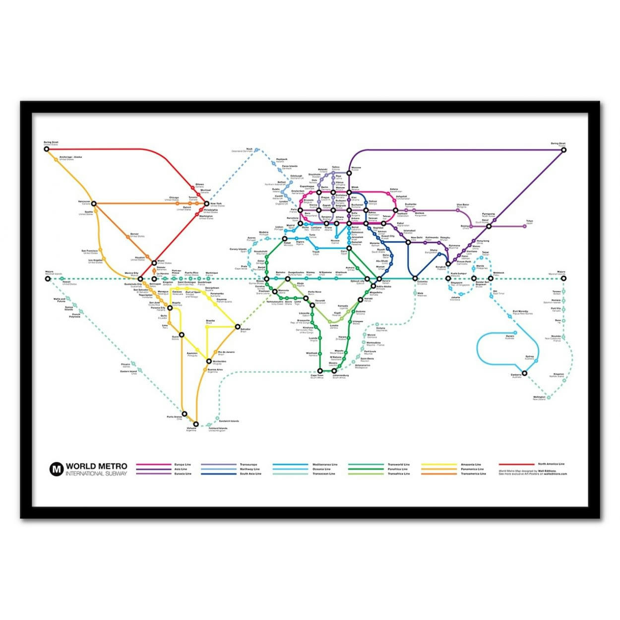 OLIVIER BOURDEREAU - WORLD METRO MAP - Affiche d'art 50 x 70 cm
