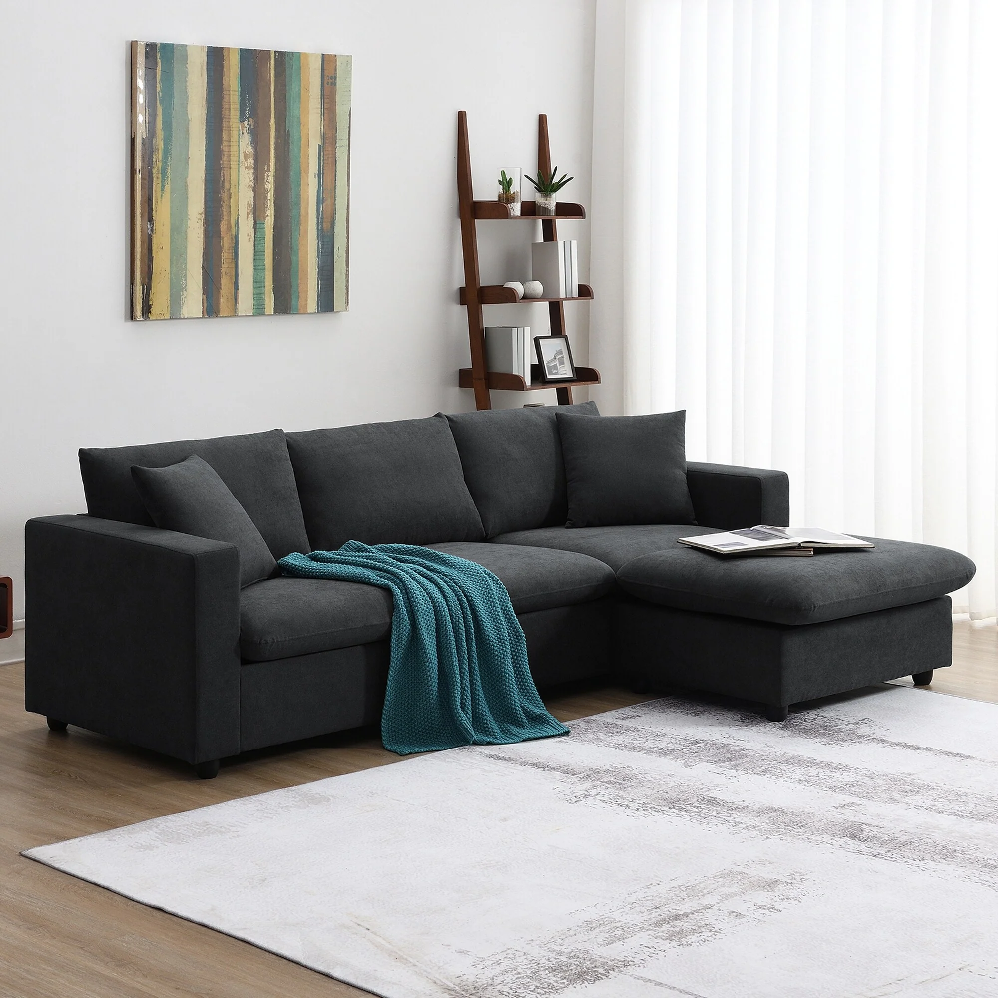 100.4'' Polyester L-Shaped 4-Seat Sectional Sofa with Convertible Ottoman and 2 Cushions, Modern Aesthetic