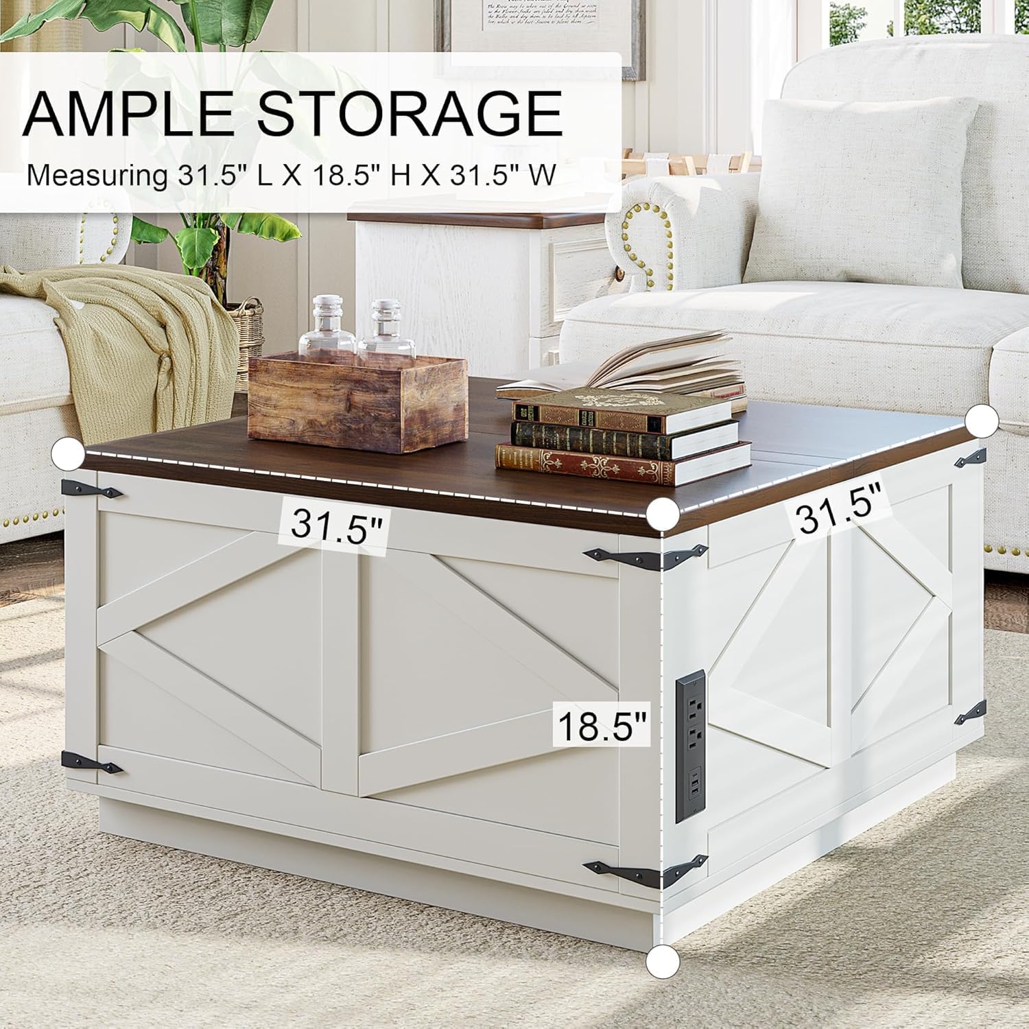Jocoevol Farmhouse Lift Top Coffee Table, Square Wood Center Table with LED Lighting, USB-C Charging Station, and Hidden Storage Compartment - Rustic White & Oak Living Room Furniture