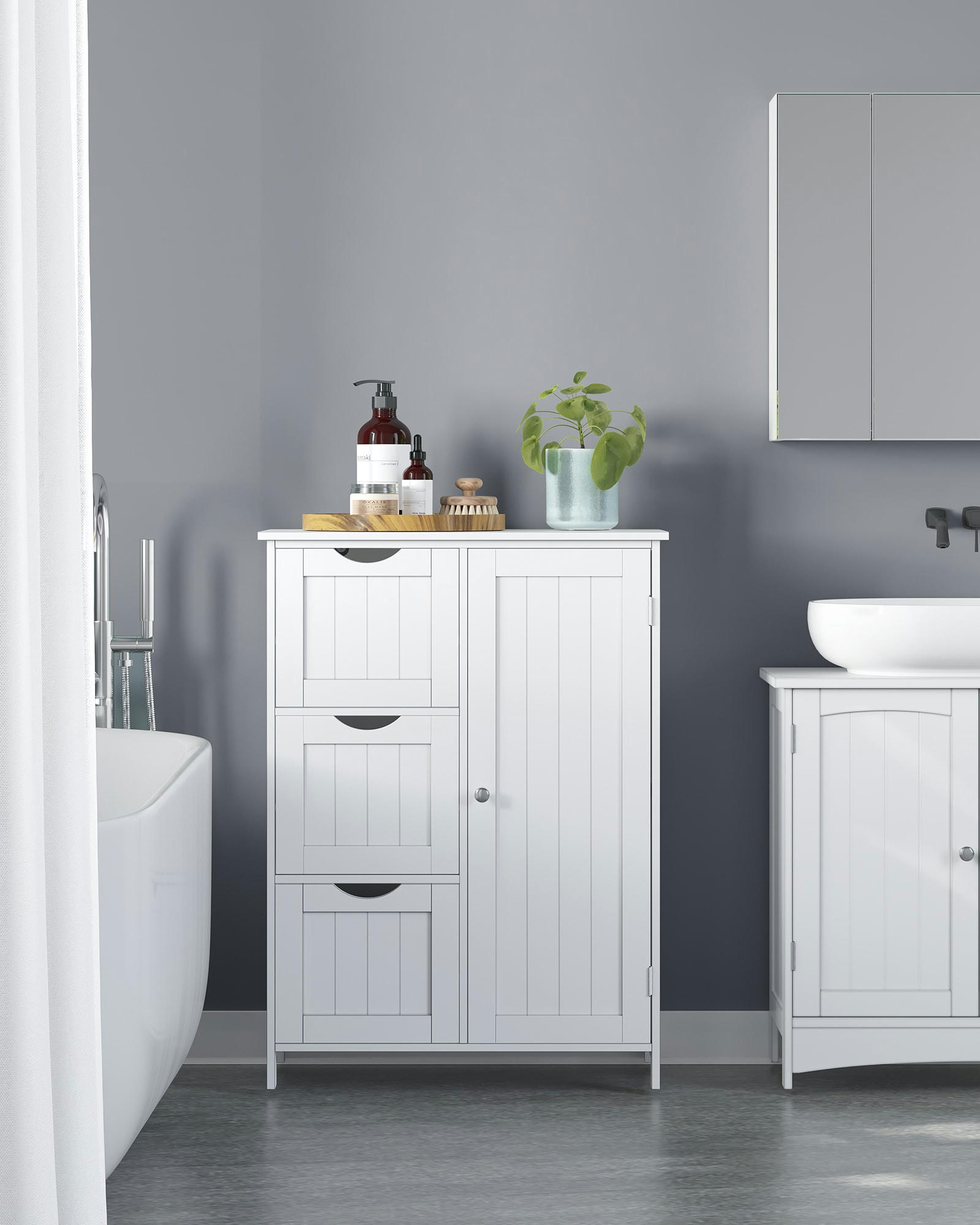 - Meuble de salle de bain 3 tiroirs 1 porte effet bois blanc
