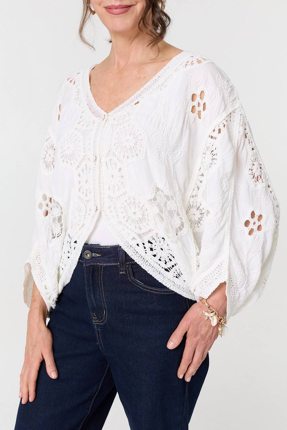 Izabel London Crochet Texture 3/4 Sleeve Cardigan